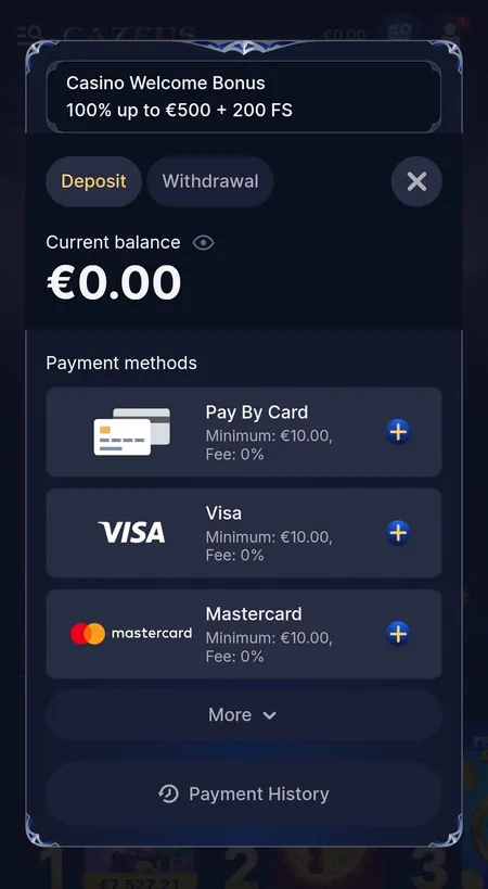 Cazeus Casino cashier deposit screen after login