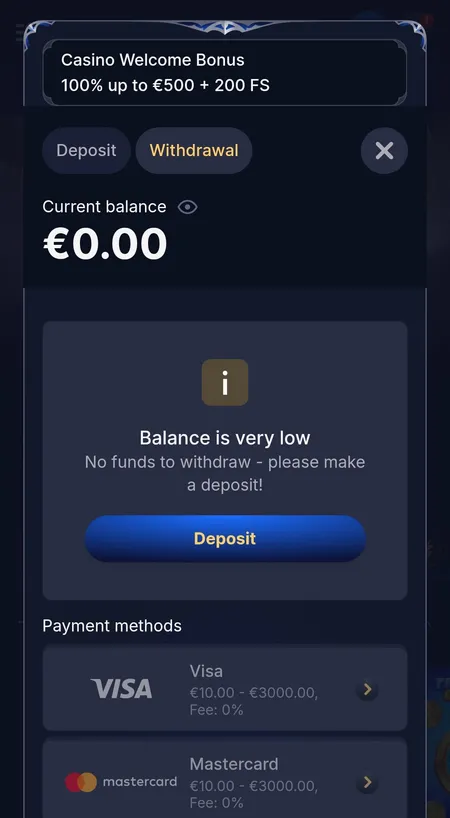 Cazeus Casino withdrawal screen showing balance warning