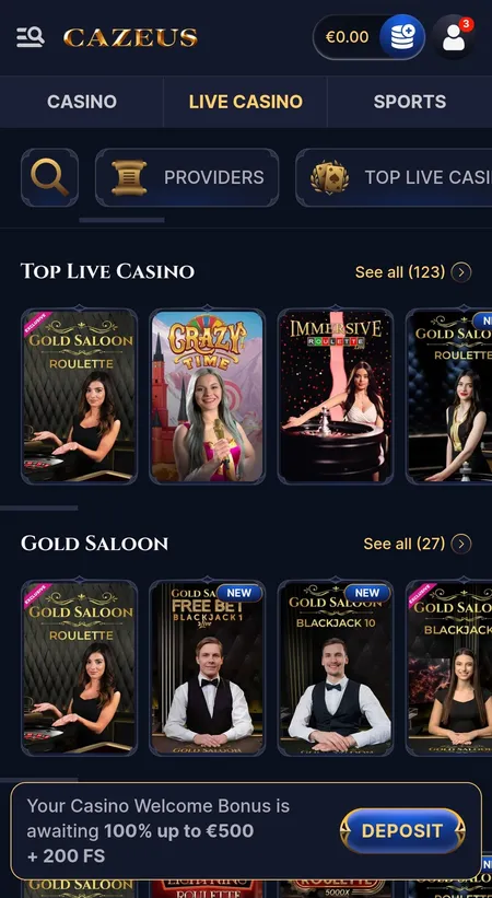 Live Casino lobby with roulette and Crazy Time tables