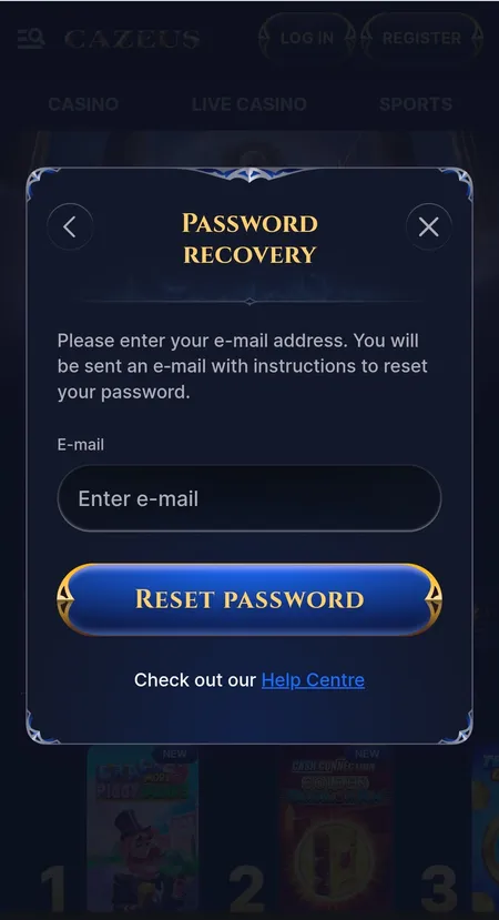 Cazeus password recovery modal with email input field