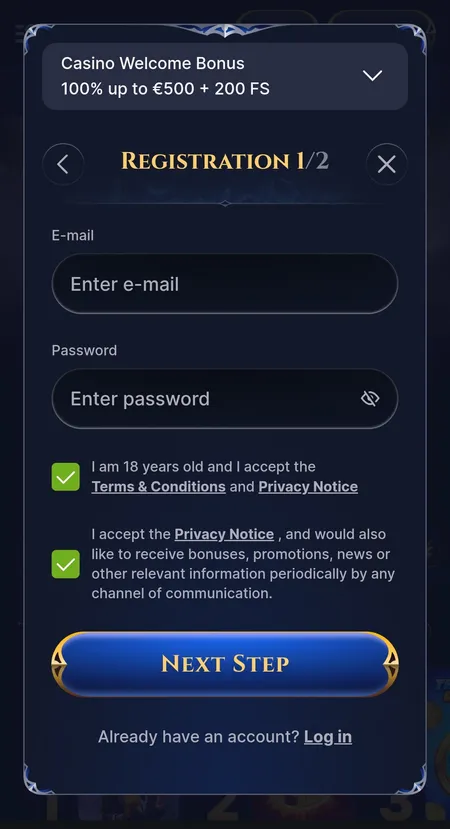 Cazeus account registration form